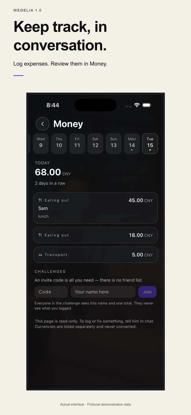 Wedelia Money page showing a day of logged spending